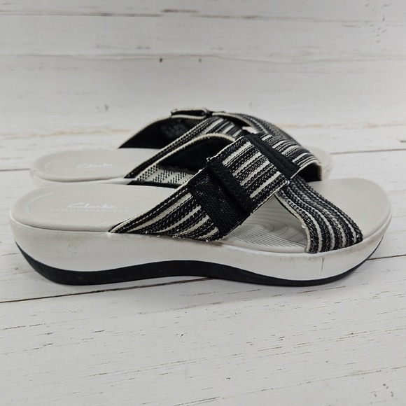 Clarks‎ Cloudsteppers Arla Wave Womens 9.5 Black Tan Combi Woven Slide Sandals - Picture 5 of 11